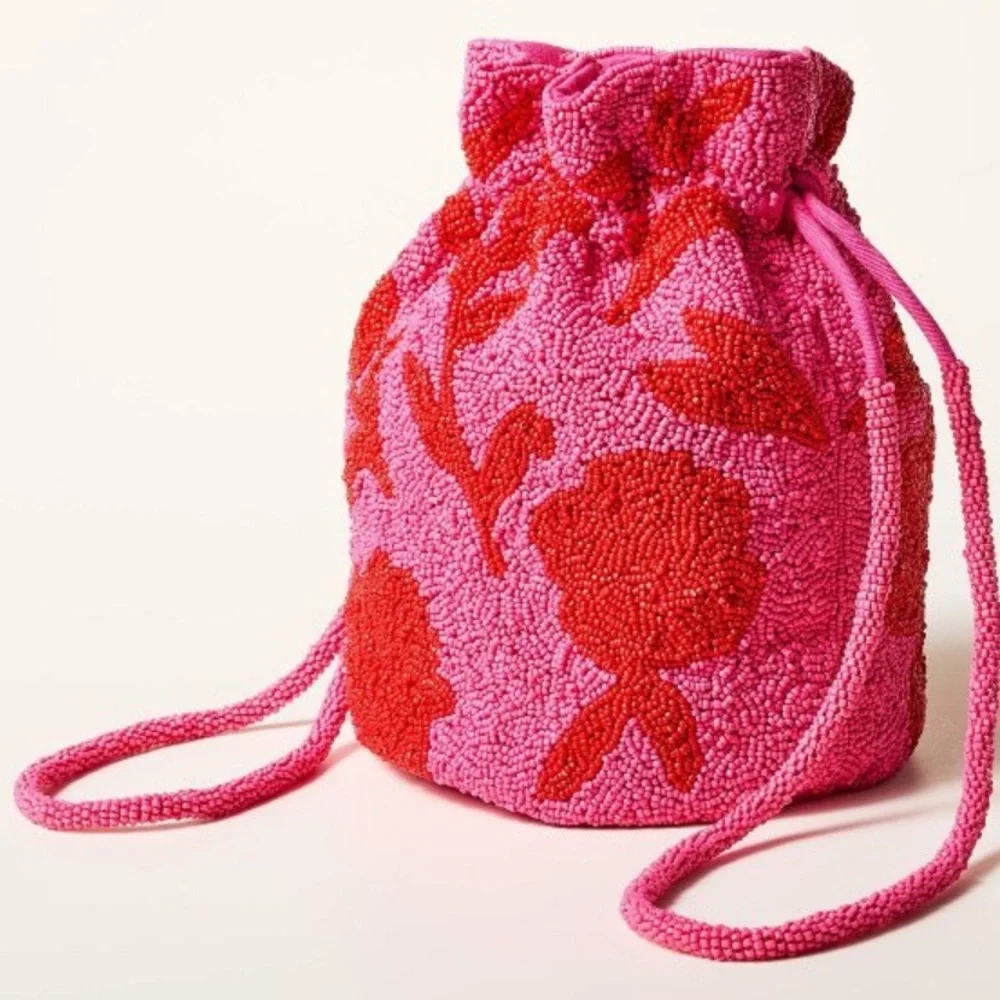 NWT • Kate Spade x Target Beaded Classic Rose Drawstring Pink Red Bucket Bag - Picture 4 of 5
